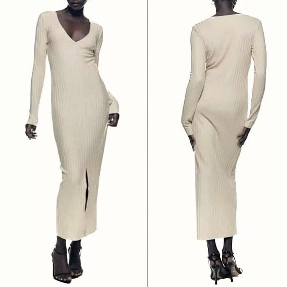 Zara Cream Long Sleeve Dress V-Neck Knit Slit Classic Wardrobe Staple Capsule